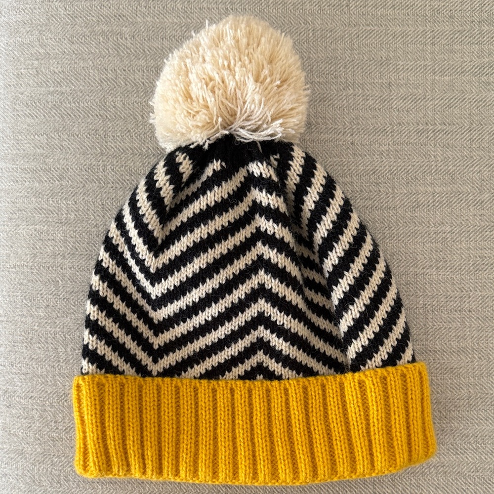 Kids Chevron Knit Pom-Pom Beanie - Black, cream, and Yellow